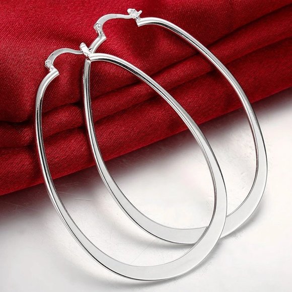 Fashion Jewelry Jewelry - Stunning .925 Sterling Silver Large 2.7 Inches Oval Hoop Earrings Hypoallergenic
